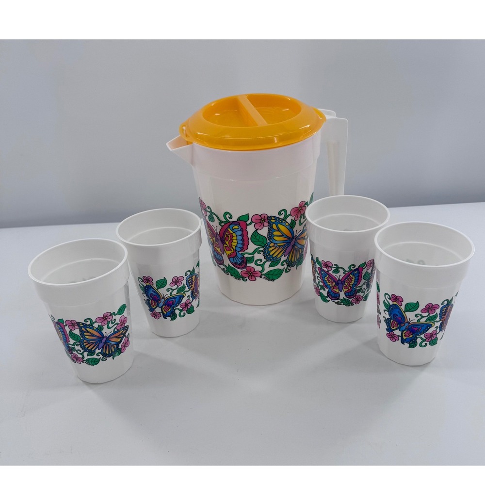 Vintage Butterfly Drink Pitcher Glasses Set White Yellow Floral Retro 5pc Picnic
